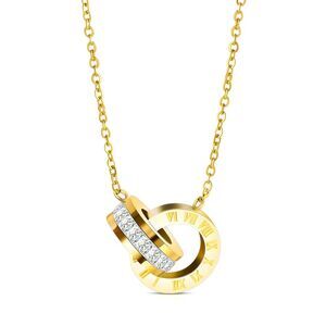 18K Gold Plated Stainless Steel Necklace Roman Numeral Dual Charm Waterproof